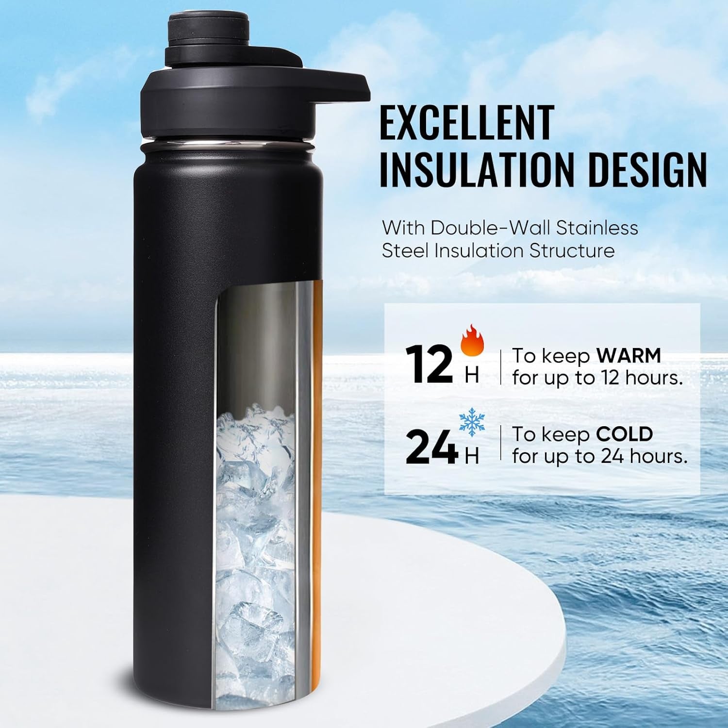 24 Oz Insulated Water Bottle with Handle, 304 Stainless Steel Water Bottles with Wide Mouth, Double Wall Vacuum Sports Water Bottle, BPA Free, Keep Cold and Hot, Black