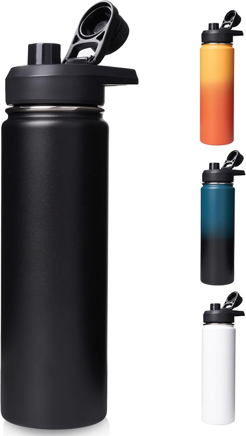 24 Oz Insulated Water Bottle with Handle, 304 Stainless Steel Water Bottles with Wide Mouth, Double Wall Vacuum Sports Water Bottle, BPA Free, Keep Cold and Hot, Black