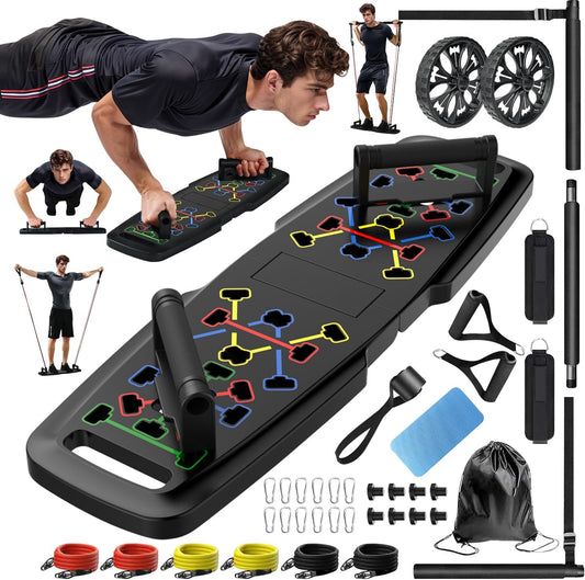 Push up Board,Home Gym,Portable Exercise Equipment,Pilates Bar and 20 Fitness Accessories with Resistance Bands and Ab Roller Wheel,Full Body Workout at Home