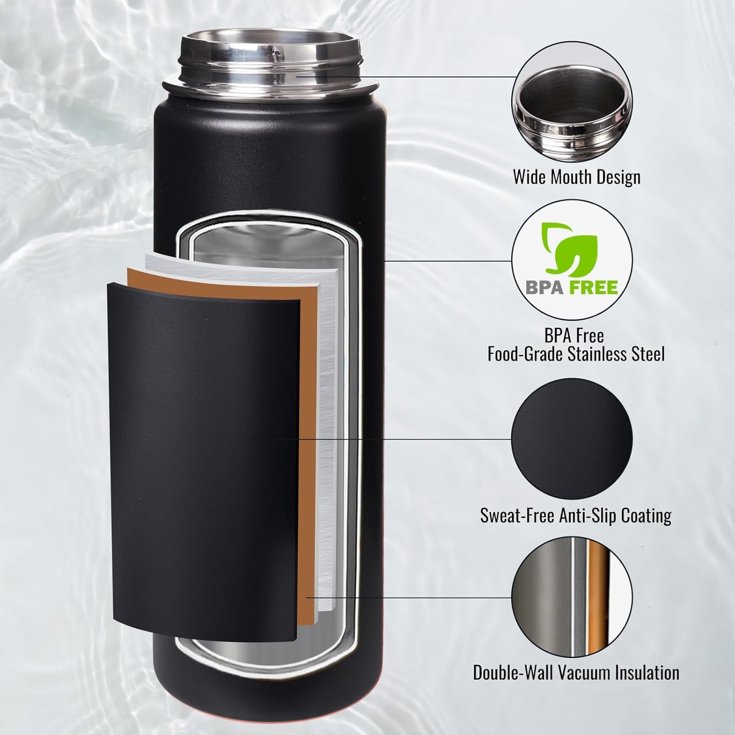 24 Oz Insulated Water Bottle with Handle, 304 Stainless Steel Water Bottles with Wide Mouth, Double Wall Vacuum Sports Water Bottle, BPA Free, Keep Cold and Hot, Black